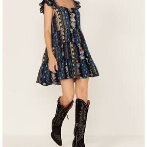 Band of the Free Womens XS Boho Western Patchwork Blue Mini Dress NWOT